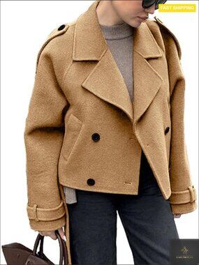 Cropped Wool Pea Coat Lapel Collar Trench Style Office Work Winter Jacket